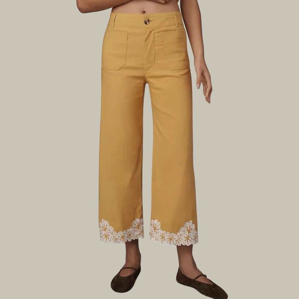 Maeve The Colette Mustard‎ Yellow Wide Leg Eyelet Hem Pants 32T Anthropologie